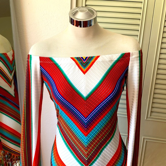 FOREVER 21 Boho Chevron Off Shoulder Fringe Dress - Picture 6 of 7